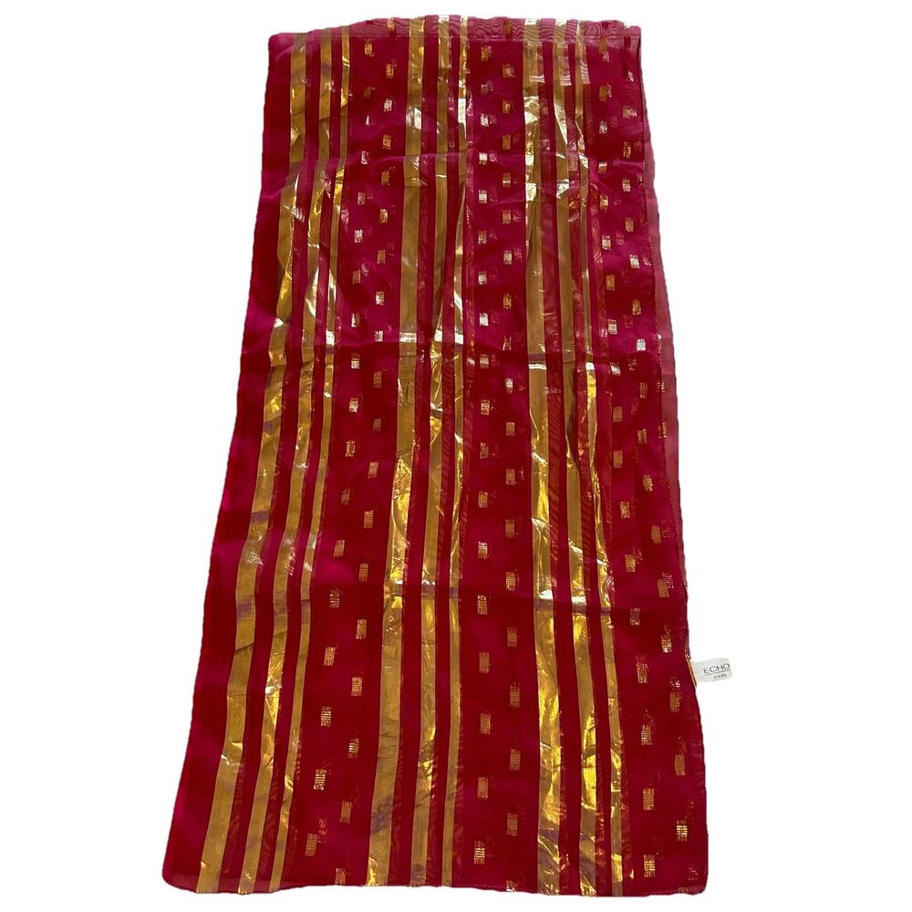 Vtg ECHO Red Gold Scarf Metallic Stripe Semi‎ Sheer Wrap Long Rectangle 14x58